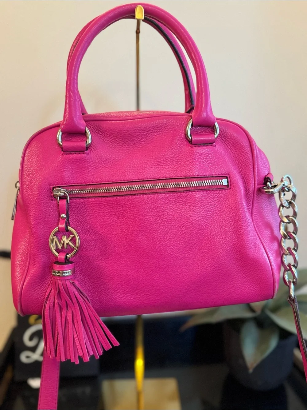 Michael Kors Raspberry Leather Satchel with Tassel Charm